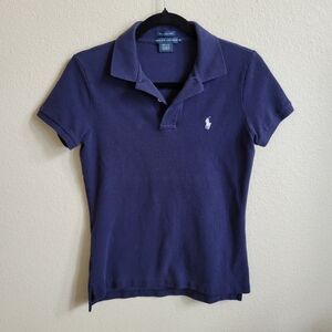 RALPH LAUREN Women's The Skinny Polo Pique Cotton Mesh Short Sleeve Blue Medium